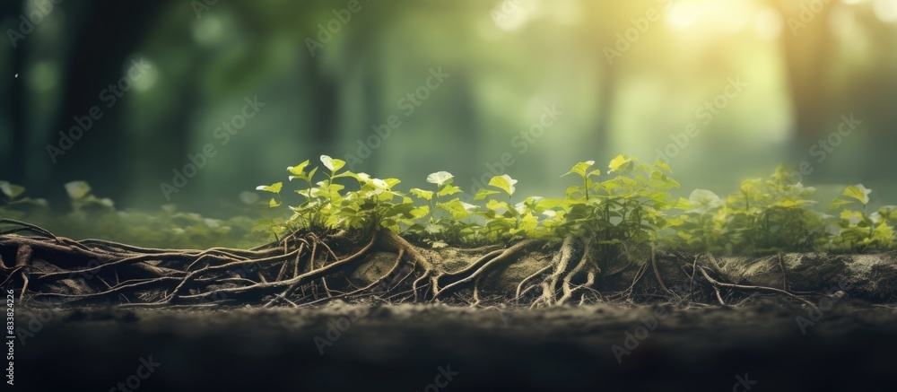 Poster blurred nature backdrop with leaves and roots, offering copy space image.