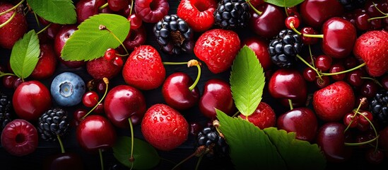 Fresh summer fruits like cherries and red berries displayed in a copy space image.