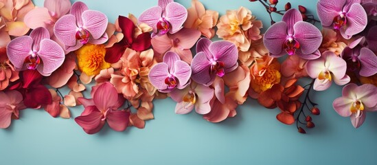 Tropical orchids create a vibrant floral backdrop with copy space image.