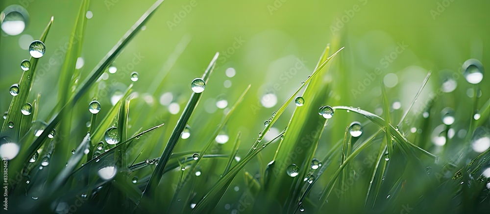 Poster close-up macro image of raindrops on clean green grass with ample copy space image.