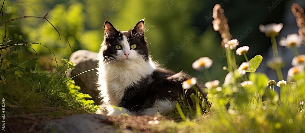 Poster a cute and fluffy black and white cat poses in a serene garden with well-kept foliage on a sunny sum