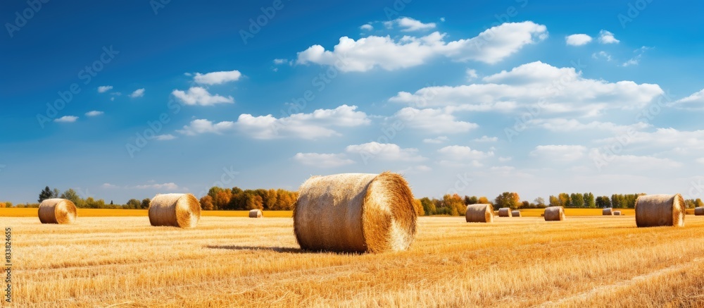 Aufkleber Autumn agricultural field with haystacks, providing a serene background in a rustic setting for a copy space image.