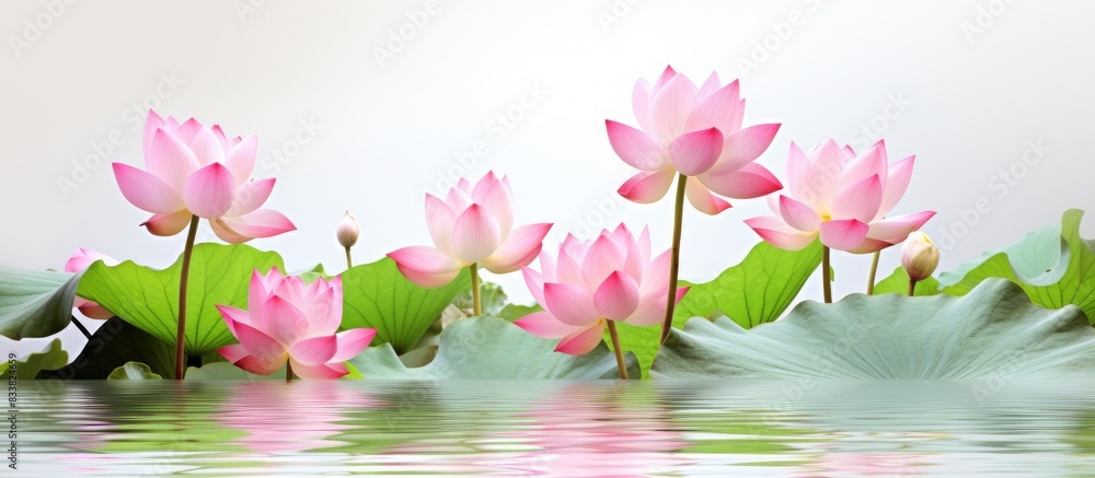 Leinwandbilder A cluster of pink lotus flowers and leaves creating a serene and beautiful composition with a blank space for adding text or other elements within the image. with copy space image