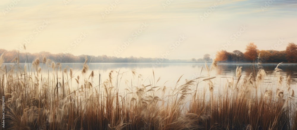 Poster autumn scenery featuring a lake surrounded by tall reeds, with a serene ambiance and ample copy spac