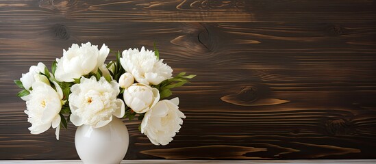 Selective focus on a vase with white peonies against a wooden backdrop, creating an aesthetically pleasing copy space image.