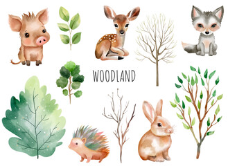 Obraz premium Woodland animals. Set of wild watercolor forest animals. Green trees and plants. Deer, boar, hedgehog, rabbit.