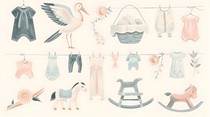 Soft Pastel Collection of Nostalgic Baby Icons and Vintage Nursery Decor in Dreamy Americana Aesthetic