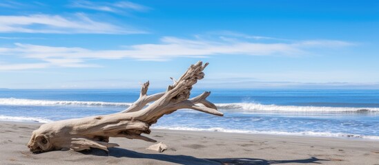 A scenic view featuring driftwood jutting into the Pacific Ocean with a backdrop of blue sky and ample copy space image.