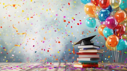 Vibrant and Festive Graduation Background with Colorful Confetti and Balloons. A Stack of Books with Graduation Cap and Diploma on Wooden Surface, Transitioning to Whitespace for Custom Additions