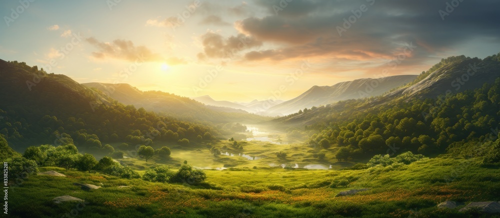 Poster sunlight casting a warm glow in the peaceful valley, consisting of lush greenery, with a clear and s