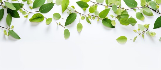 Obraz premium Top view of young green leaves and branches on a white background in a spring composition with copy space image.