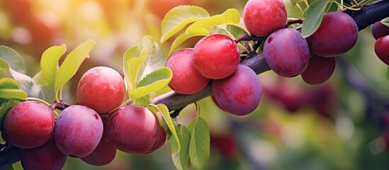 Plum fruit tree displaying ripe berries in a copy space image.