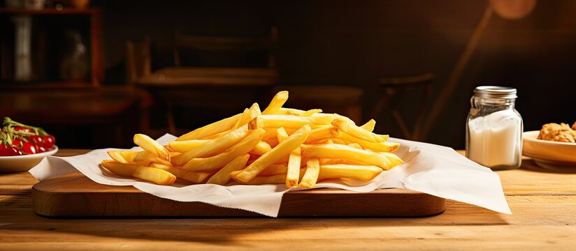 French fries displayed on tracing paper on a wooden table with copy space image.
