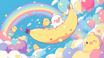 yellow Banana shaped rocket launched kawaii cute, simple