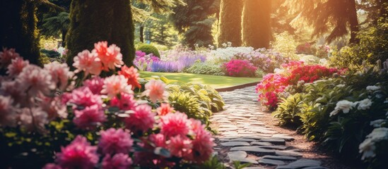 Lush and vibrant flowers bloom in a botanical garden setting, creating a picturesque scene with copy space image.