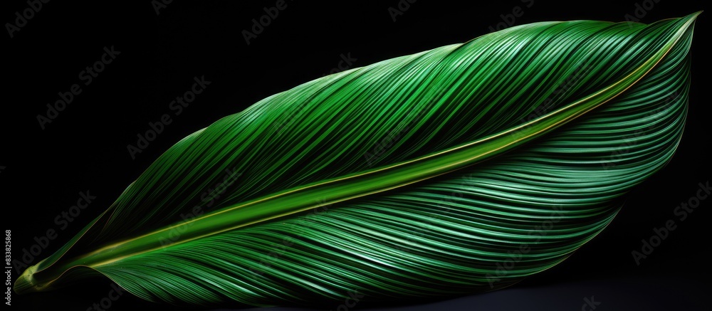 Poster A stunning Bird of Paradise leaf with a vibrant green color, showing intricate patterns and textures, suitable for your project's copy space image.