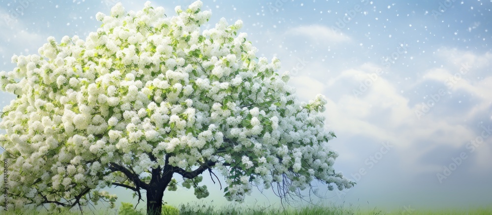 Poster White blossoming apple tree in spring with a beautiful copy space image.