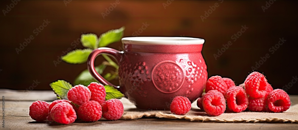 Poster selective focus on red raspberries in a brown clay mug on a vintage table with room for text or othe