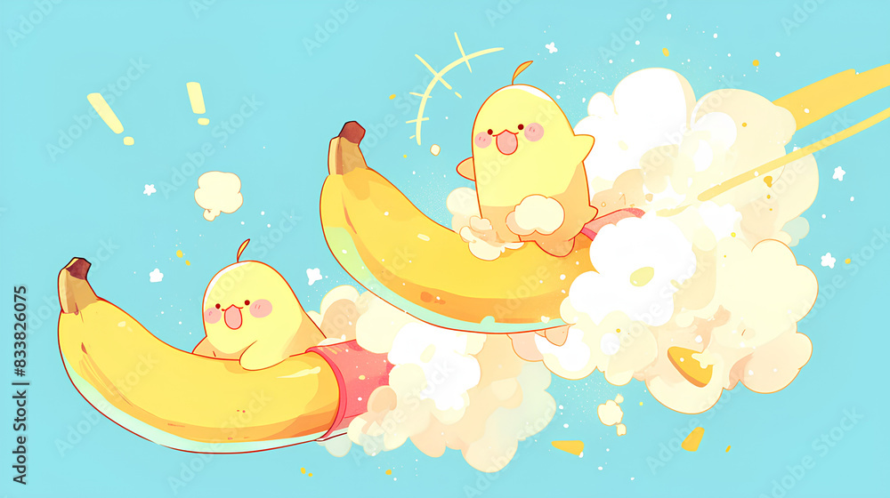Wall mural yellow Banana shaped rocket launched kawaii cute, simple - Wall murals