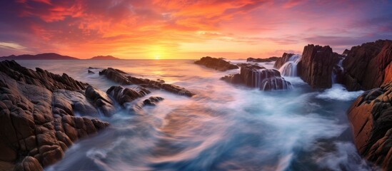 Fototapeta premium The serene scene of waves cascading over rocks in the sea under a colorful dusk sky resembles a dream, providing a captivating copy space image.