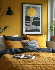A bedroom with a yellow wall, black pillows, and a black and white pillow. A picture is hanging above the bed, and there is a book on the bed. The room also has a potted plant and a vase.