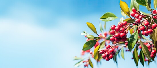 Nature background featuring colorful leaves of Syzygium paniculatum with a blue sky backdrop, providing visual copy space image.