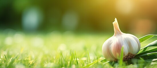 Closeup of a single garlic bundle on green grass in summer day with copy space image