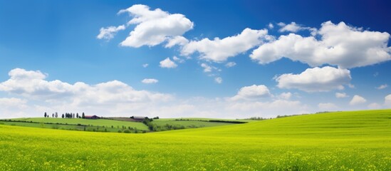 Spring landscape with green farmland, blossoming flowers, and a clear sky providing an ideal backdrop for a copy space image.