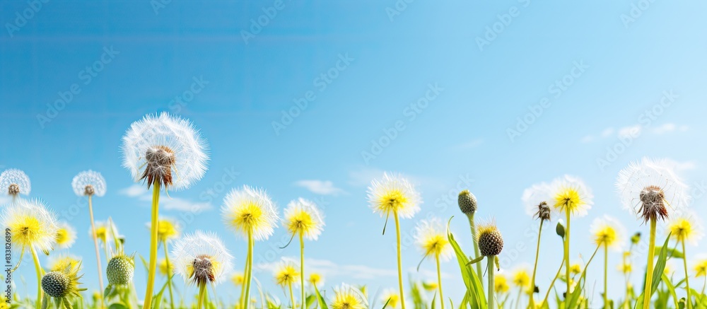 Poster dandelions in summertime set against a clear blue sky with abundant copy space image.