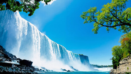 A low angle view of falls with trees in the fore ground and blue sky in the background, with...