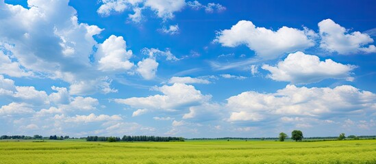Fototapeta premium Summer countryside under white rain clouds with a vivid blue sky, creating a high-contrast scene, ideal as a copy space image.
