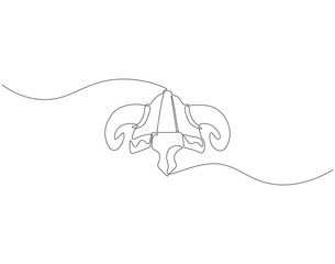 Continuous one line drawing of viking helmet. One line drawing illustration horned helmet in medieval. Ancient greek seaman concept continuous line art. Editable outline.