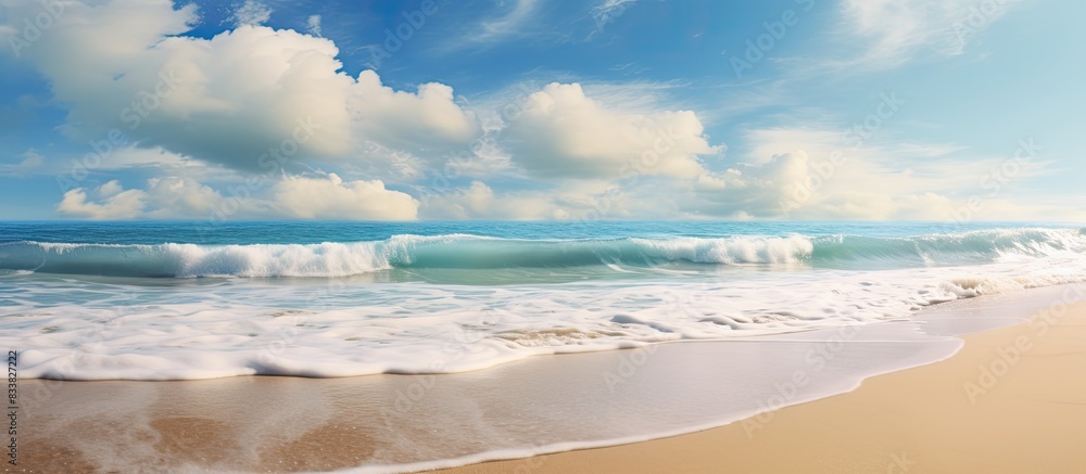 Poster scenic seaside with a vast expanse of sand and a serene ocean view, ideal for relaxing vacations and