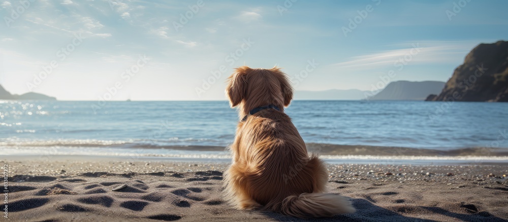 Aufkleber A view from behind a dog on a beach, with a scenic background and copy space image.