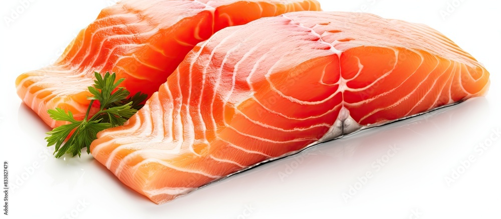 Poster salmon slices on a white background with copy space image.