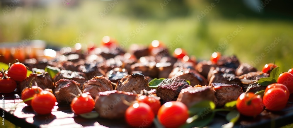 Poster grilling meat with cherry tomatoes for a picnic, close-up on grass outdoors, with a background perfe