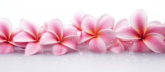 Obraz premium Plumeria flower showcasing raindrops against a white background with copy space image.