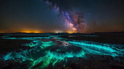 Mesmerizing View of Bioluminescent Waterfalls Glowing in the Starry Night Sky. Generative AI