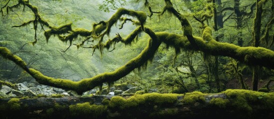 The moss-covered branches create a picturesque scene in the forest, offering a natural background for a copy space image.