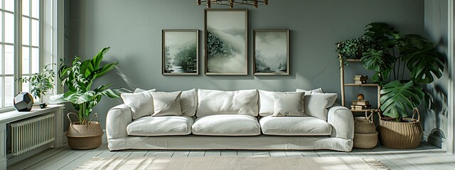 The couch is white and long, with pillows on it. There are two paintings on the wall above the couch. The room has a gray color scheme.