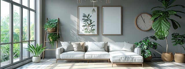 A cozy living room with a white couch and two pictures on the wall. The couch has pillows on it and...