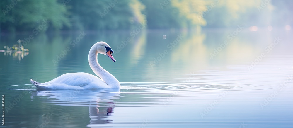 Poster swan floating gracefully on serene lake, surrounded by copy space image,