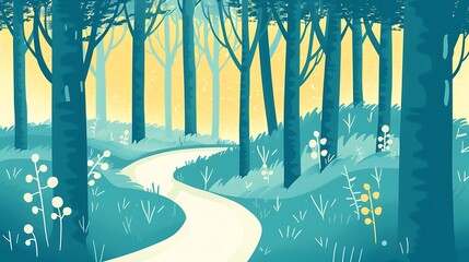 The image is a vector illustration of a forest path. The path is winding and narrow, and it is surrounded by tall trees.