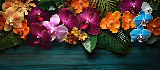 Tropical orchids create a vibrant floral backdrop with copy space image.