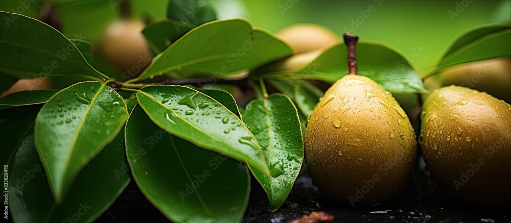 Poster Close-up image of brown sapota fruit surrounded by green leaves with copy space image.