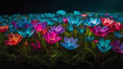 Radiant Colorful Tulip Flowers with Delicate Petals in a Mesmerizing Garden Illuminated Under an Enchanting Twilight. Generative AI