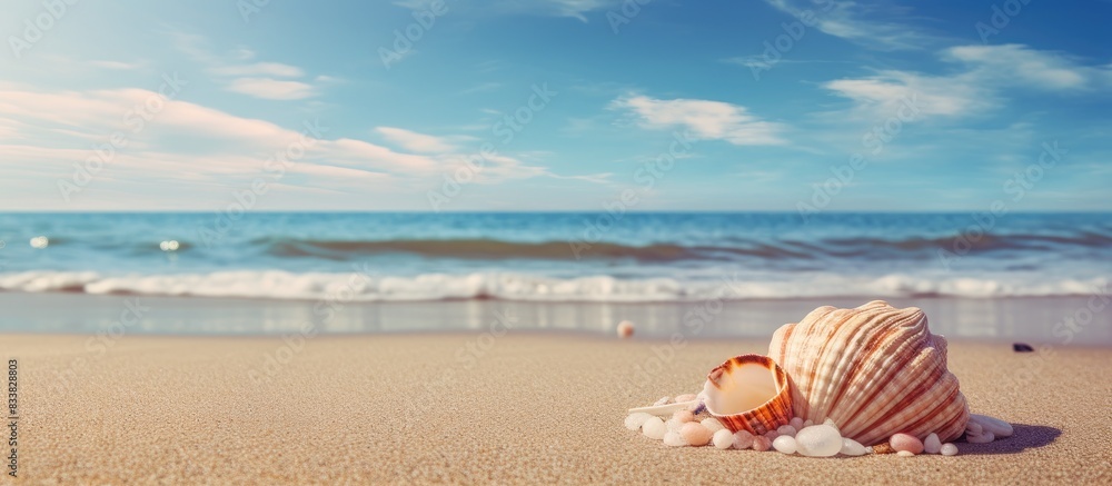 Fototapete Sandy beach with a sea shell on it, set against a summery backdrop with space for adding images. with copy space image. Place for adding text or design