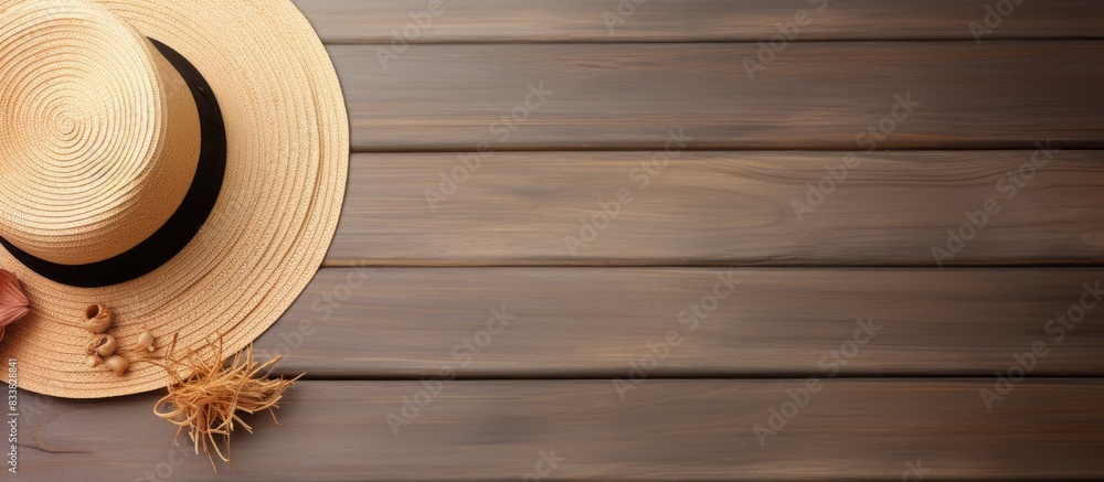 Poster Beach accessories like a straw hat, sunglasses, and beach slippers placed on a wooden surface with an empty space for an image to be inserted. with copy space image. Place for adding text or design
