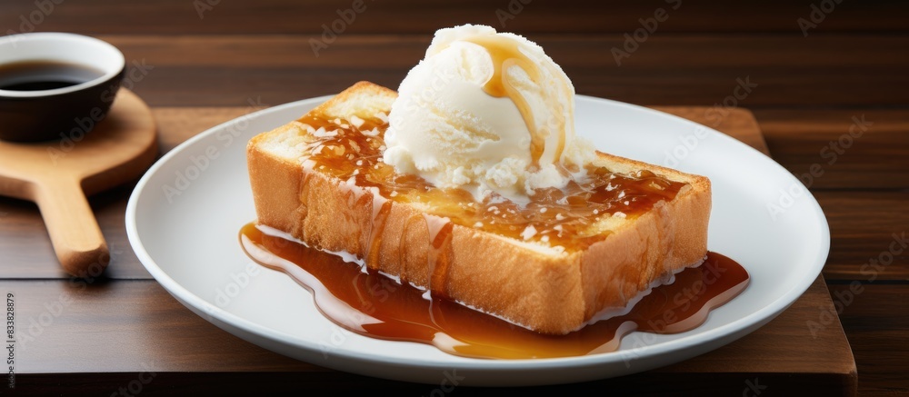 Fototapete wooden table with a white plate showcasing honey toast and ice cream, creating a visually appealing 
