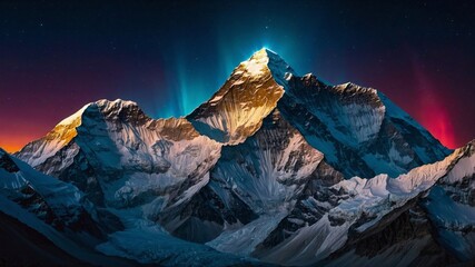 Majestic Everest Snow Capped Mountain Peaks. Soft Light of Dawn with the Northern Lights Shimmering Above. Generative AI